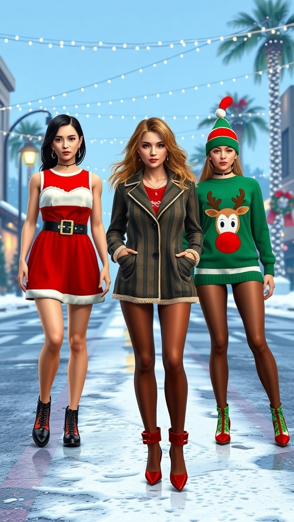 Female characters in GTA 5 wearing Christmas outfits, including Santa dress, winter coat, reindeer sweater, and elf costume in a festive setting.